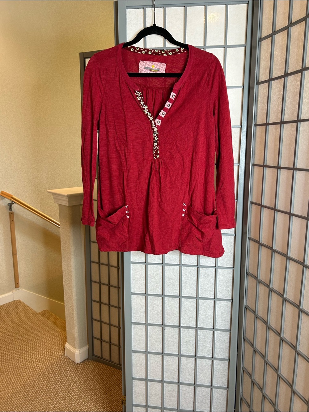 Anthropologie Little Yellow Button Crimson Red Long Sleeve Tunic